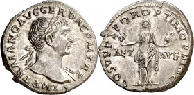 (111 d.C.). Trajano. Denario. (Spink 3116 var) (S. 3a) (RIC. 91). Hoja en reverso. 3,51 g. EBC+/EBC.