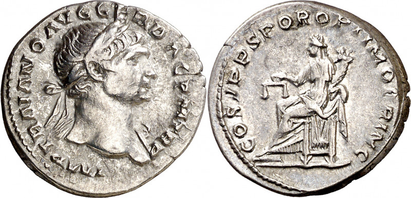 (108 d.C.). Trajano. Denario. (Spink 3123) (S. 86) (RIC. 119). 3,28 g. MBC+.