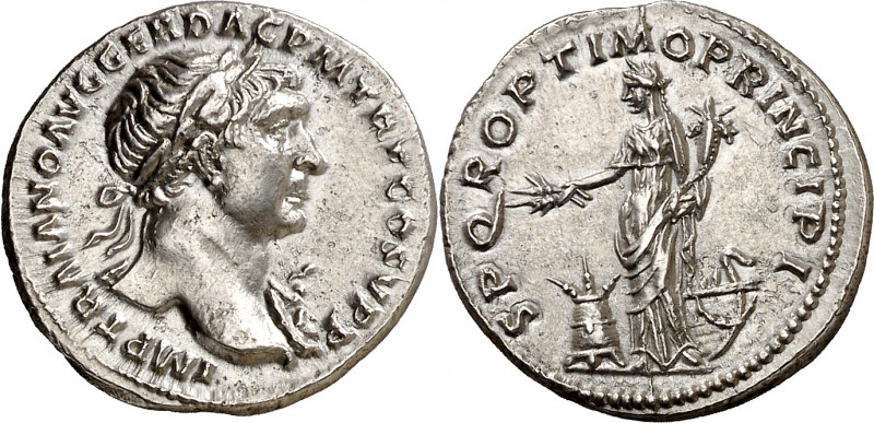 (107 d.C.). Trajano. Denario. (Spink 3165 var) (S. 467a) (RIC. 166). 3,34 g. EBC...