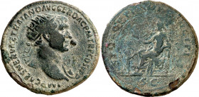 (107 d.C.). Trajano. Dupondio. (Spink falta) (Co. 422) (RIC. 512). Pátina verde. 12,20 g. MBC-.