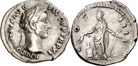 (148-149 d.C.). Antonino pío. Denario. (Spink 4067) (S. 283) (RIC. 162). 3,38 g. MBC+.