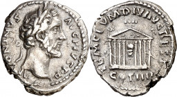 (158 d.C.). Antonino pío. Denario. (Spink 4107 var) (S. 809) (RIC. 143). 3,18 g. MBC+.