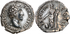 (148-149 d.C.). Marco Aurelio. Denario. (Spink 4789) (S. 628) (RIC. 446, de Antonino pío). Leve grieta. 3,40 g. EBC-.