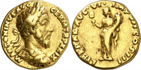 (175 d.C.). Marco Aurelio. Áureo. (Spink 4863) (Co. 416 var) (RIC. 319 var) (Calicó 1881a). 5,94 g. MBC.