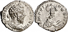 (174 d.C.). Marco Aurelio. Denario. (Spink 4911 var) (S. 299) (RIC. 290). 2,30 g. EBC-/MBC+.