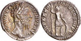 (179 d.C.). Marco Aurelio. Denario. (Spink 4950 var) (S. 970) (RIC. 406). 2,81 g. MBC+.