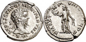 (200 d.C.). Septimio Severo. Denario. (Spink falta) (S. 455a) (RIC. 511a). Grieta. 3,37 g. (EBC-).