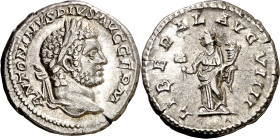 (214 d.C.). Caracalla. Denario. (Spink 6814) (S. 139) (RIC. 302). 3,24 g. MBC+.