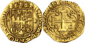 s/d (antes de 1546). Juana y Carlos. Burgos. 1 escudo. (AC. 174). Bonito color. Muy rara. 3,29 g. MBC+.