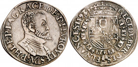 1593. Felipe II. Amberes. Jetón. (Dugniolle 3330 var.). Buen retrato. Ex Áureo 25/05/2005, nº 200. 4,64 g. MBC+.