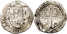 s/d. Felipe II. Potosí. R (Alonso Rincón). 2 reales. (AC. 364). Manchitas en reverso. Rara. 6,44 g. MBC-.