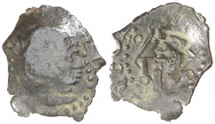 s/d. Felipe III. Banyoles. 1 diner. (AC. 7) (Cru.C.G. 3661). Contramarca: cabeza de fraile en reverso, realizada en 1605. Escasa así. 0,44 g. (EBC-).