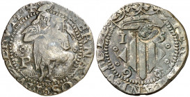 1598. Felipe III. Perpinyà. Doble sou. (AC. 51) (Cru.C.G. 3806a). Contramarca: cabeza de San Juan, realizada en 1603. Buen ejemplar. Escasa así. 3,21 ...