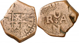 1618. Felipe III. Toledo. 2 maravedís. (AC. 204). Acuñada para el comercio de Orán. Rara. 6,09 g. (MBC-).