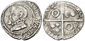 1599. Felipe III. Barcelona. 1/2 croat. (AC. tipo 80, falta año) (Cru.C.G. tipo 4340). Busto de Felipe II. Rayitas en anverso. Oxidaciones limpiadas. ...