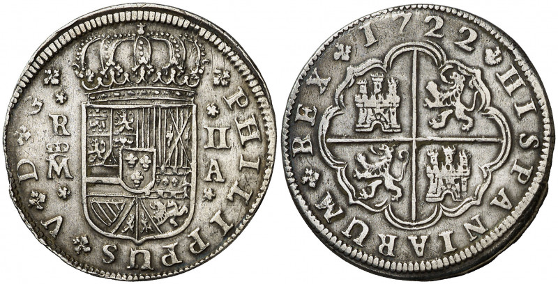 1722. Felipe V. Madrid. A. 2 reales. (AC. 775). Golpecitos. Buen ejemplar. Rara ...