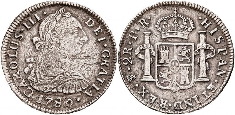 1780. Carlos III. Potosí. PR. 2 reales. (AC. 725). Oxidaciones limpiadas. 6,36 g...