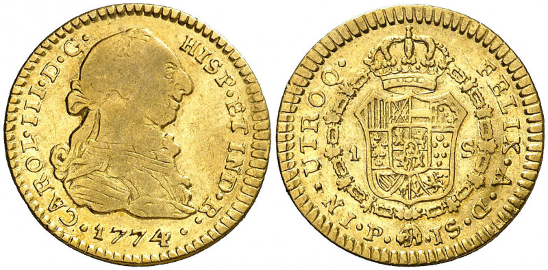 1774. Carlos III. Popayán. JS. 1 escudo. (AC. 1417) (Restrepo 54-6). Parte de br...