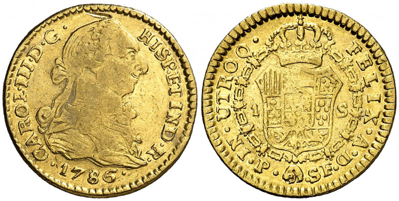 1786. Carlos III. Popayán. SF. 1 escudo. (AC. 1431) (Restrepo 54-30). Rayita. Ex...