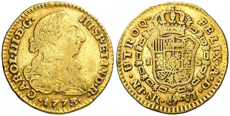 1773. Carlos III. Santa Fe de Nuevo Reino. VJ. 1 escudo. (AC. 1451) (Restrepo 52...