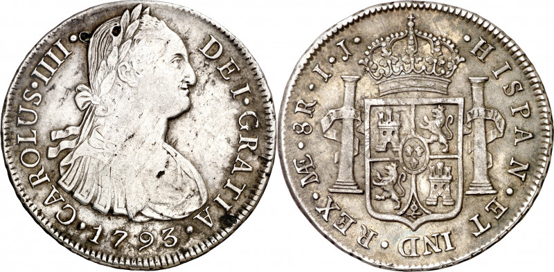 1793. Carlos IV. Lima. IJ. 8 reales. (AC. 909). Dos intentos de perforación. 26,...