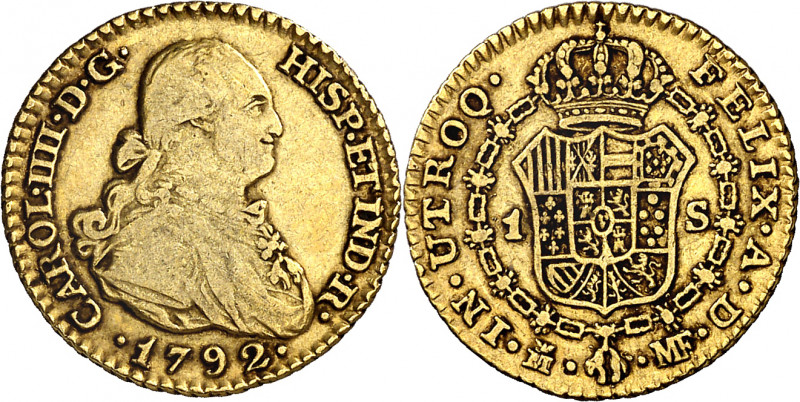 1792. Carlos IV. Madrid. MF. 1 escudo. (AC. 1109). 3,31 g. MBC-/MBC.