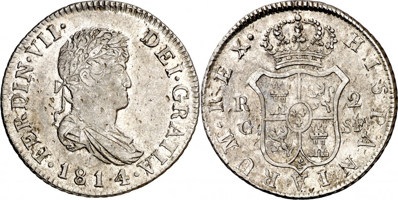 1814. Fernando VII. Catalunya (Mallorca). SF. 2 reales. (AC. 769). Punto entre e...