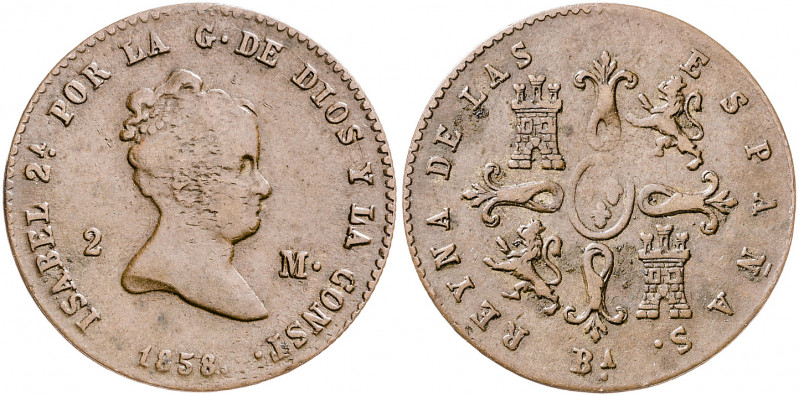 1858. Isabel II. Barcelona. 2 maravedís. (AC. 37). Escasa. 2 g. BC+/MBC-.