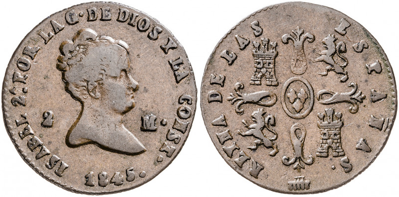 1845. Isabel II. Segovia. 2 maravedís. (AC. 57). 2,32 g. BC+/MBC-.