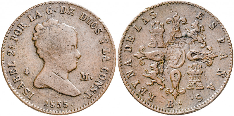 1855. Isabel II. Barcelona. 4 maravedís. (AC. 65). Rayita y hojitas. Escasa. 4,8...