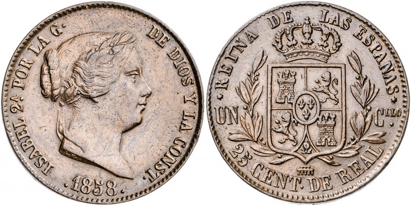 1858. Isabel II. Segovia. 25 céntimos de real. (AC. 191). Limpiada. 9,75 g. MBC/...