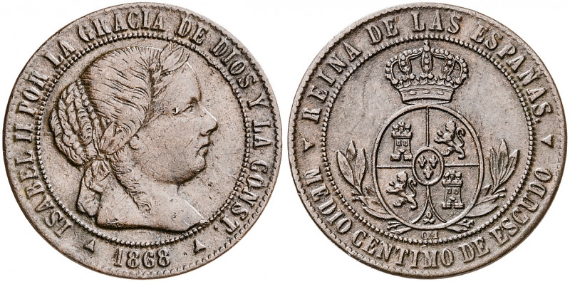 1868. Isabel II. Segovia. OM. 1/2 céntimo de escudo. (AC. 210). Rayitas. 1,17 g....