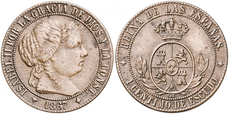 1867. Isabel II. Jubia. OM. 1 céntimo de escudo. (AC. 219). Manchitas. 2,53 g. M...