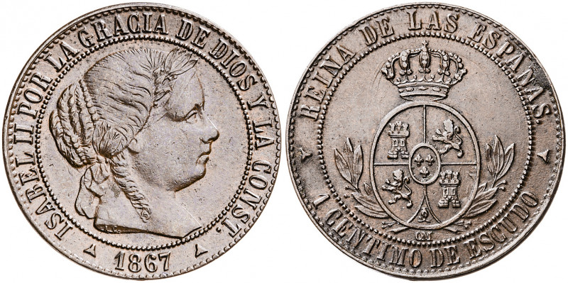 1867. Isabel II. Segovia. OM. 1 céntimo de escudo. (AC. 226). 2,57 g. MBC+.