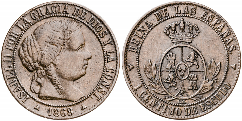 1868 Isabel II. Segovia. OM. 1 céntimo de escudo. (AC. 227). Rayitas. 2,38 g. MB...