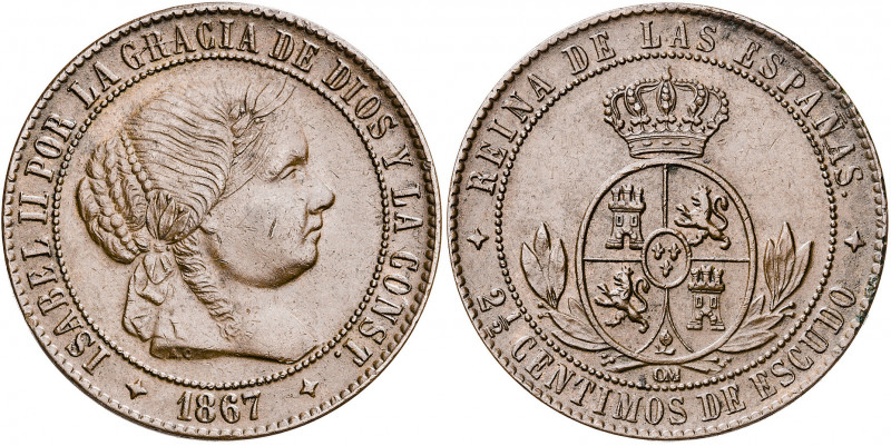 1867. Isabel II. Jubia. OM. 2 1/2 céntimos de escudo. (AC. 236). Ex Áureo 16/12/...