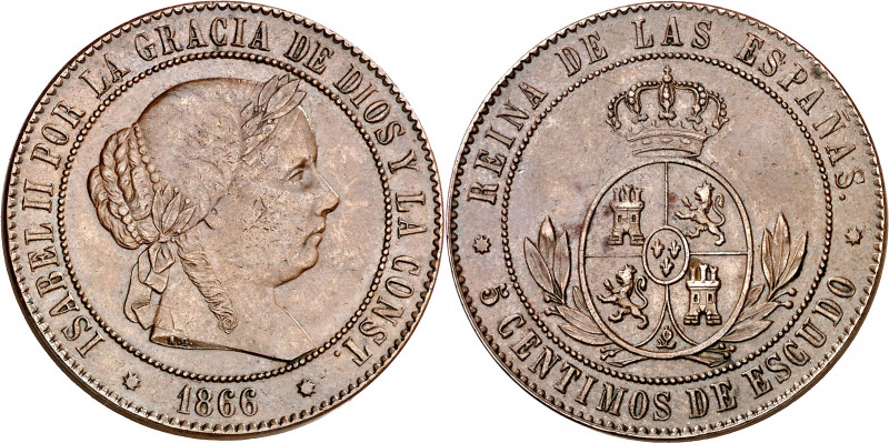 1866. Isabel II. Barcelona. 5 céntimos de escudo. (AC. 244). Sin OM. Ex Áureo 26...