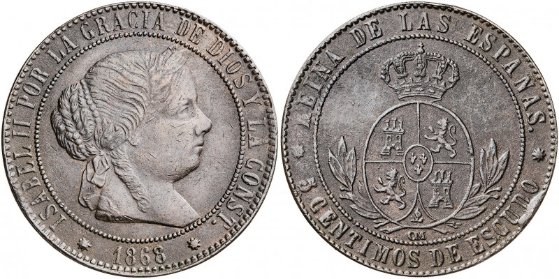 1868. Isabel II. Barcelona. OM. 5 céntimos de escudo. (AC. 246). 12,20 g. MBC.