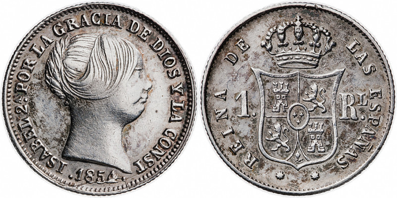 1854. Isabel II Barcelona. 1 real. (AC. 277). Sombras. 1,42 g. MBC-/MBC.