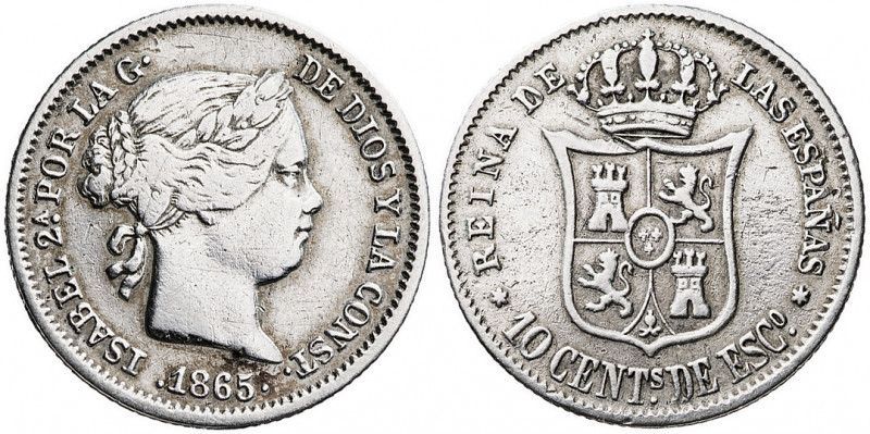 1865. Isabel II. Madrid. 10 céntimos de escudo. (AC. 338). Limpiada. Escasa. 1,2...