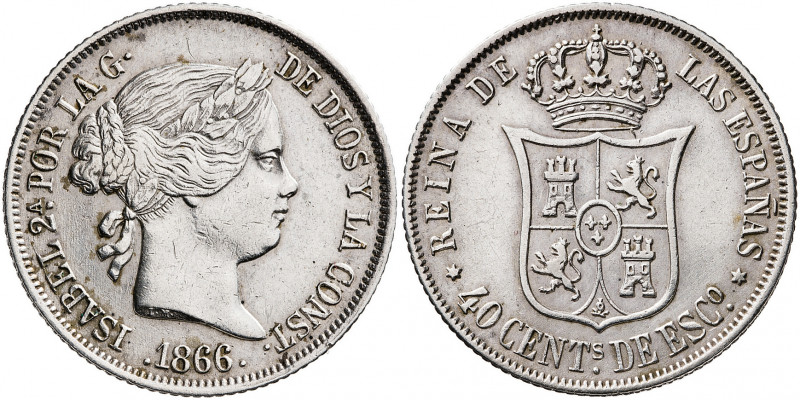 1866. Isabel II. Madrid. 40 céntimos de escudo. (AC. 501). 5,19 g. MBC+.