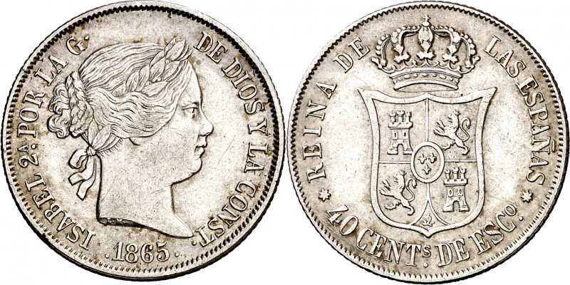 1865. Isabel II. Sevilla. 40 céntimos de escudo. (AC. 504). 5,15 g. MBC+.