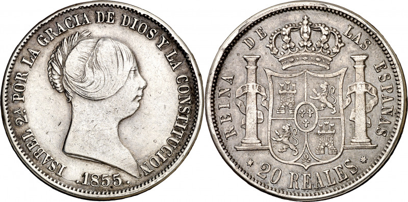 1855. Isabel II. Sevilla. 20 reales. (AC. 632). Escasa. 25,80 g. BC+/MBC-.