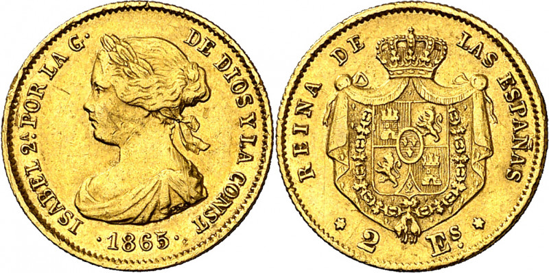 1865. Isabel II. Madrid. 2 escudos. (AC. 675). Escasa. 1,68 g. MBC/MBC+.