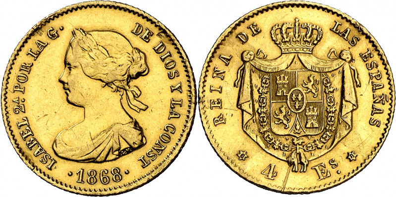 1868*68. Isabel II. Madrid. 4 escudos. (AC. 693). Sirvió como joya. 3,39 g. MBC/...