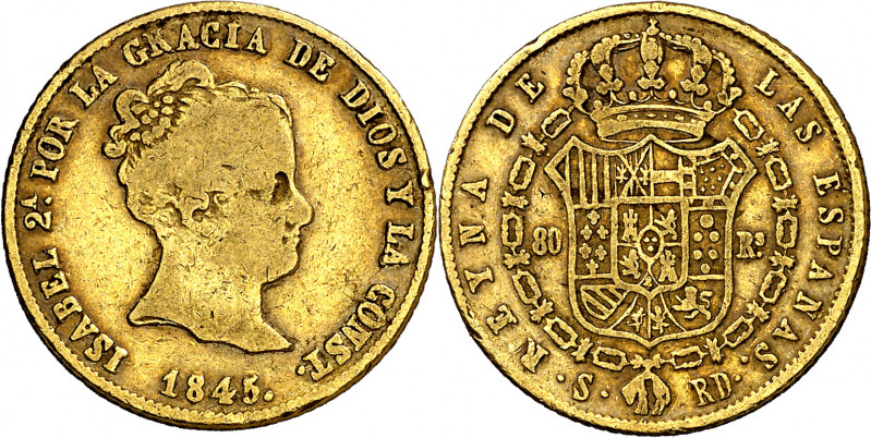 1845. Isabel II. Sevilla. RD. 80 reales. (AC. 751). Golpecitos. Escasa. 6,68 g. ...