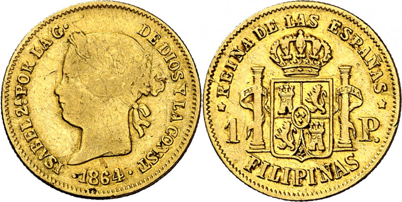 1864. Isabel II. Manila. 1 peso. (AC. 826). 1,69 g. BC+/MBC-.