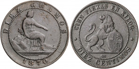 1870. Gobierno Provisional. Barcelona. OM. 10 céntimos. (AC. 8). 9,91 g. BC+/MBC-.