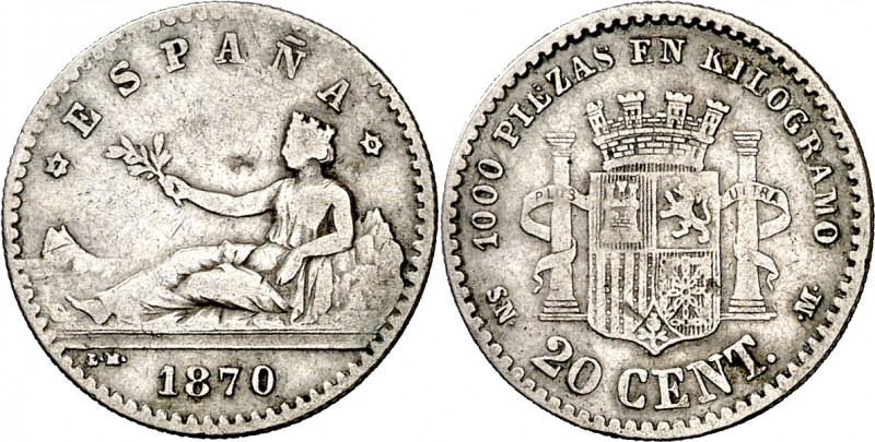 1870*70. Gobierno Provisional. SNM. 20 céntimos. (AC. 12). Golpecito. Rara. 0,97...