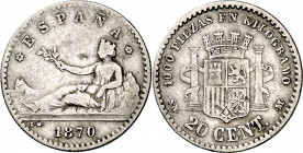 1870*70. Gobierno Provisional. SNM. 20 céntimos. (AC. 12). Golpecito. Rara. 0,97 g. BC+.